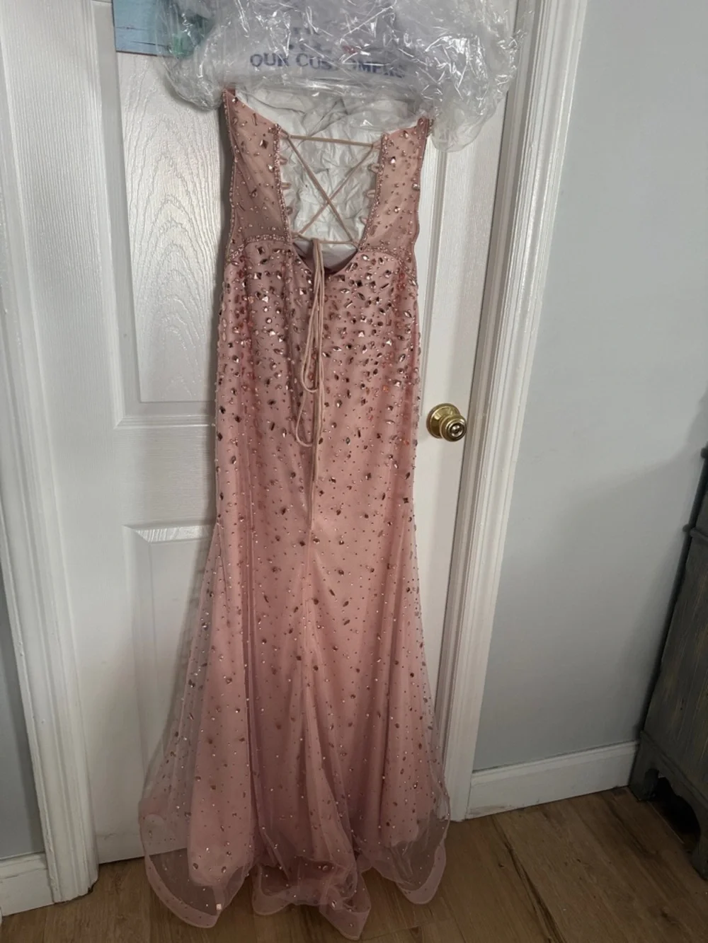 Blush Pink Strapless Beaded Evening Gown - Picture 4 of 6